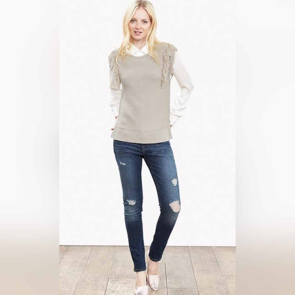 Banana Republic Women's Fringe Sweater Ribbed Crew Neck Sleeveless Size L